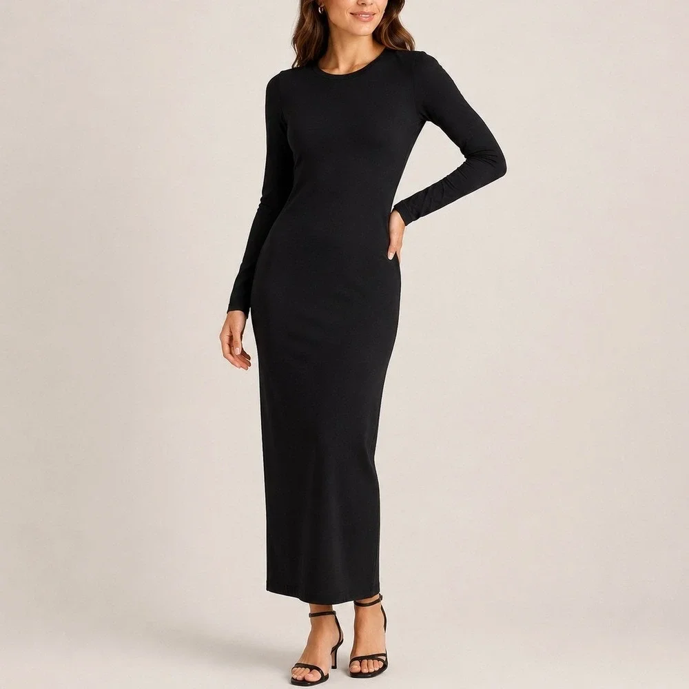 Quince Jersey Long Sleeve Maxi Dress Date Resort Vacation Trip True Black XS NWT
